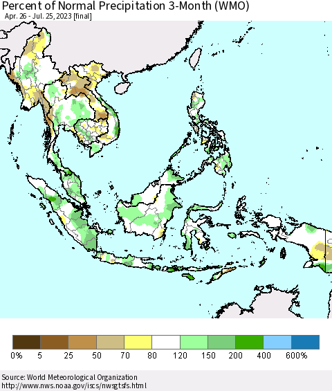 South East Asia Percent of Normal Precipitation 3-Month (WMO) Thematic Map For 4/26/2023 - 7/25/2023