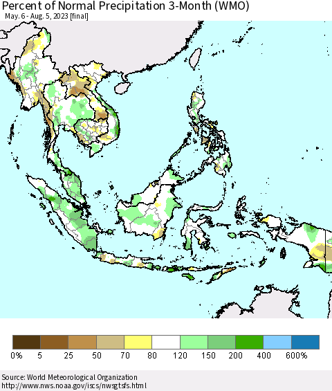 South East Asia Percent of Normal Precipitation 3-Month (WMO) Thematic Map For 5/6/2023 - 8/5/2023