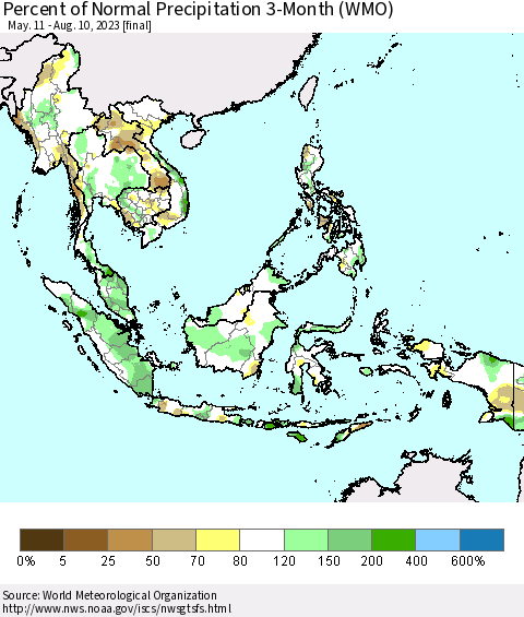 South East Asia Percent of Normal Precipitation 3-Month (WMO) Thematic Map For 5/11/2023 - 8/10/2023