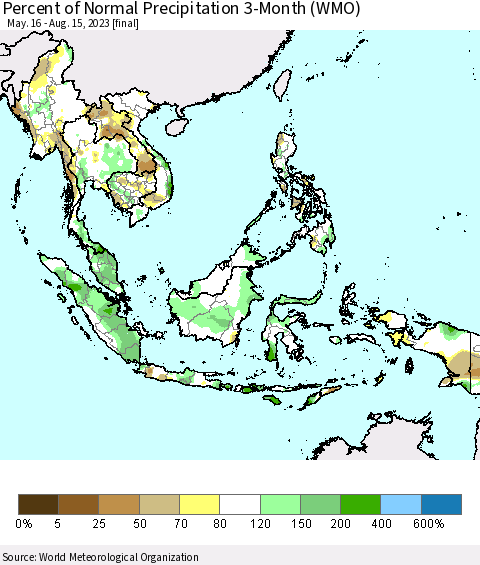 South East Asia Percent of Normal Precipitation 3-Month (WMO) Thematic Map For 5/16/2023 - 8/15/2023
