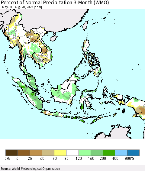South East Asia Percent of Normal Precipitation 3-Month (WMO) Thematic Map For 5/21/2023 - 8/20/2023
