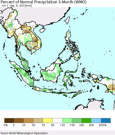 South East Asia Percent of Normal Precipitation 3-Month (WMO) Thematic Map For 6/1/2023 - 8/31/2023