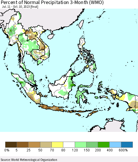 South East Asia Percent of Normal Precipitation 3-Month (WMO) Thematic Map For 7/11/2023 - 10/10/2023