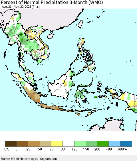 South East Asia Percent of Normal Precipitation 3-Month (WMO) Thematic Map For 8/21/2023 - 11/20/2023