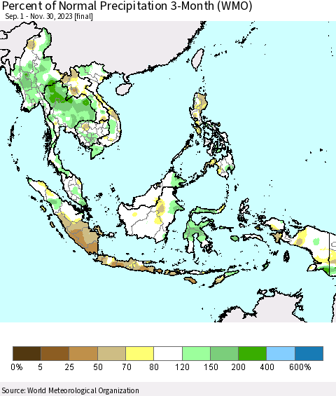 South East Asia Percent of Normal Precipitation 3-Month (WMO) Thematic Map For 9/1/2023 - 11/30/2023