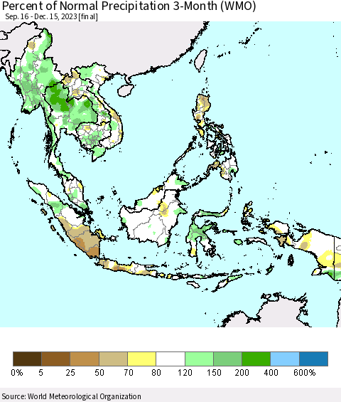 South East Asia Percent of Normal Precipitation 3-Month (WMO) Thematic Map For 9/16/2023 - 12/15/2023
