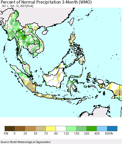 South East Asia Percent of Normal Precipitation 3-Month (WMO) Thematic Map For 10/1/2023 - 12/31/2023