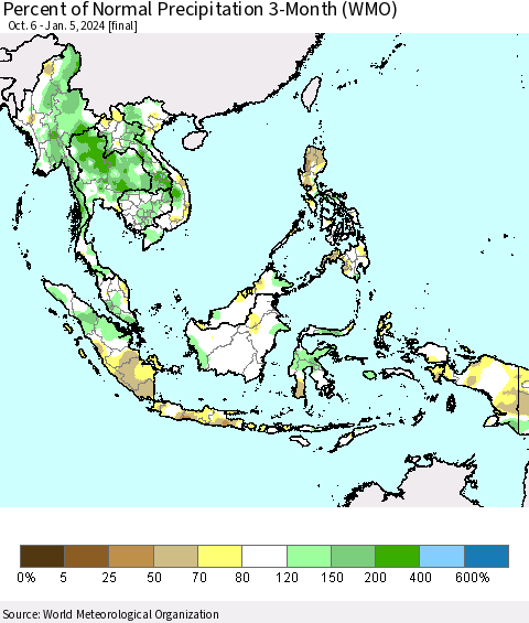 South East Asia Percent of Normal Precipitation 3-Month (WMO) Thematic Map For 10/6/2023 - 1/5/2024