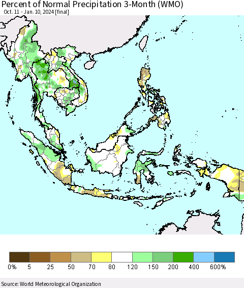 South East Asia Percent of Normal Precipitation 3-Month (WMO) Thematic Map For 10/11/2023 - 1/10/2024