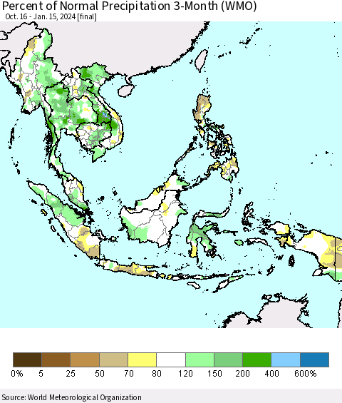 South East Asia Percent of Normal Precipitation 3-Month (WMO) Thematic Map For 10/16/2023 - 1/15/2024