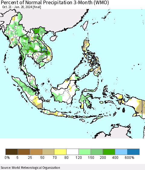 South East Asia Percent of Normal Precipitation 3-Month (WMO) Thematic Map For 10/21/2023 - 1/20/2024