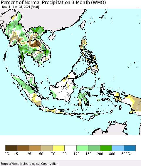 South East Asia Percent of Normal Precipitation 3-Month (WMO) Thematic Map For 11/1/2023 - 1/31/2024