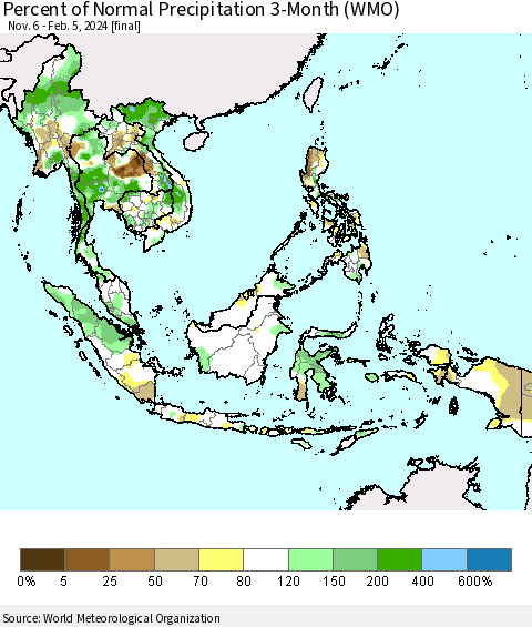 South East Asia Percent of Normal Precipitation 3-Month (WMO) Thematic Map For 11/6/2023 - 2/5/2024