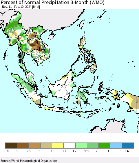 South East Asia Percent of Normal Precipitation 3-Month (WMO) Thematic Map For 11/11/2023 - 2/10/2024
