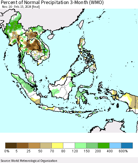 South East Asia Percent of Normal Precipitation 3-Month (WMO) Thematic Map For 11/16/2023 - 2/15/2024