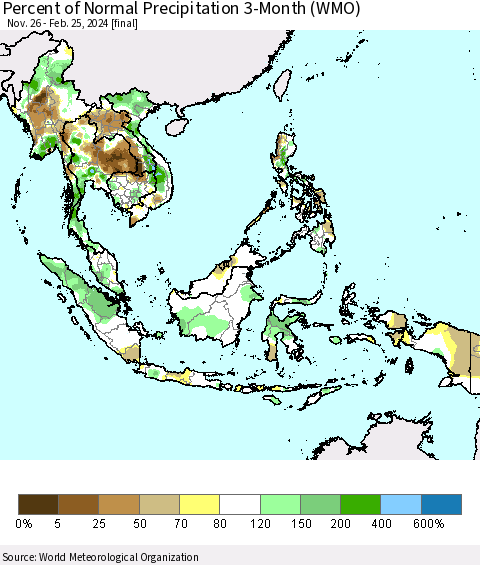 South East Asia Percent of Normal Precipitation 3-Month (WMO) Thematic Map For 11/26/2023 - 2/25/2024