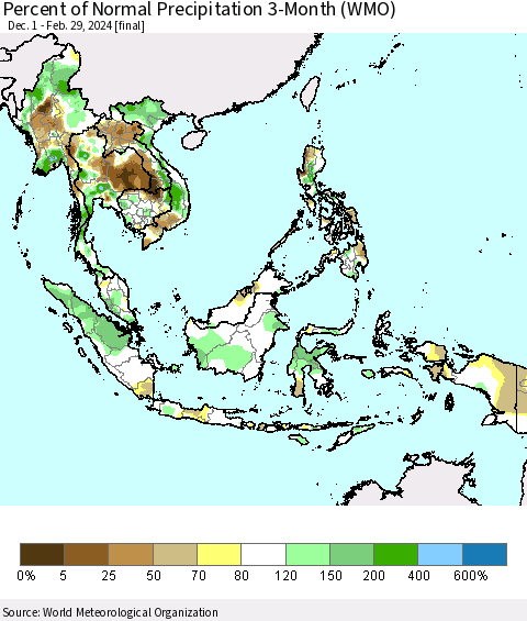 South East Asia Percent of Normal Precipitation 3-Month (WMO) Thematic Map For 12/1/2023 - 2/29/2024