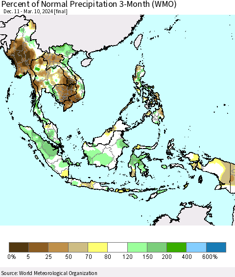 South East Asia Percent of Normal Precipitation 3-Month (WMO) Thematic Map For 12/11/2023 - 3/10/2024