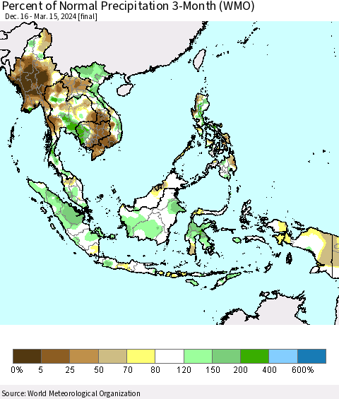 South East Asia Percent of Normal Precipitation 3-Month (WMO) Thematic Map For 12/16/2023 - 3/15/2024