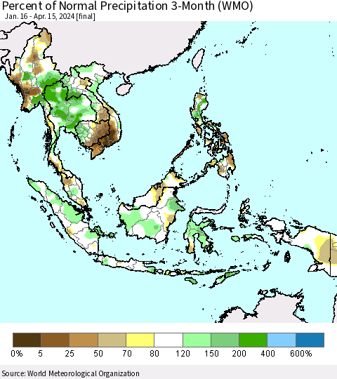 South East Asia Percent of Normal Precipitation 3-Month (WMO) Thematic Map For 1/16/2024 - 4/15/2024