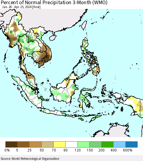 South East Asia Percent of Normal Precipitation 3-Month (WMO) Thematic Map For 1/26/2024 - 4/25/2024