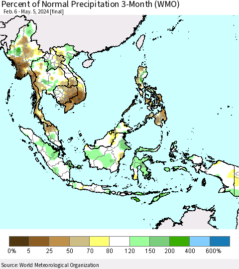 South East Asia Percent of Normal Precipitation 3-Month (WMO) Thematic Map For 2/6/2024 - 5/5/2024