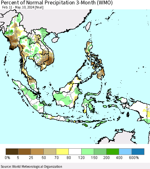 South East Asia Percent of Normal Precipitation 3-Month (WMO) Thematic Map For 2/11/2024 - 5/10/2024