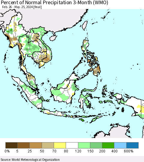 South East Asia Percent of Normal Precipitation 3-Month (WMO) Thematic Map For 2/26/2024 - 5/25/2024