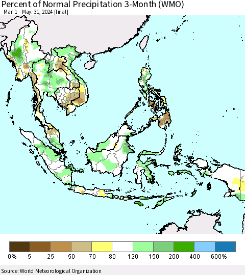 South East Asia Percent of Normal Precipitation 3-Month (WMO) Thematic Map For 3/1/2024 - 5/31/2024