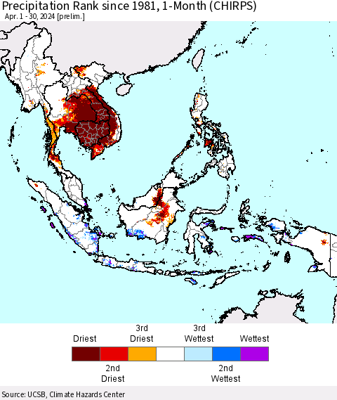 South East Asia Precipitation Rank since 1981, 1-Month (CHIRPS) Thematic Map For 4/1/2024 - 4/30/2024