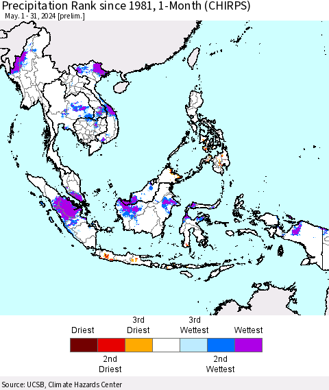 South East Asia Precipitation Rank since 1981, 1-Month (CHIRPS) Thematic Map For 5/1/2024 - 5/31/2024