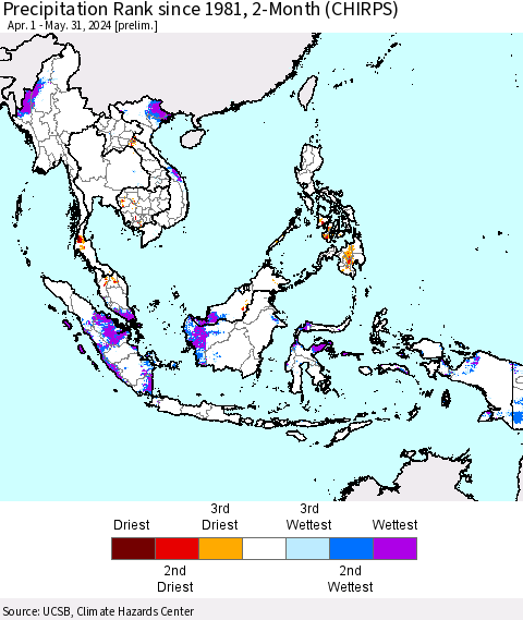 South East Asia Precipitation Rank since 1981, 2-Month (CHIRPS) Thematic Map For 4/1/2024 - 5/31/2024
