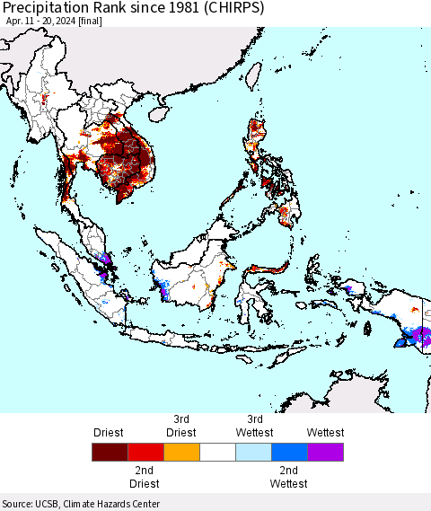 South East Asia Precipitation Rank since 1981 (CHIRPS) Thematic Map For 4/11/2024 - 4/20/2024