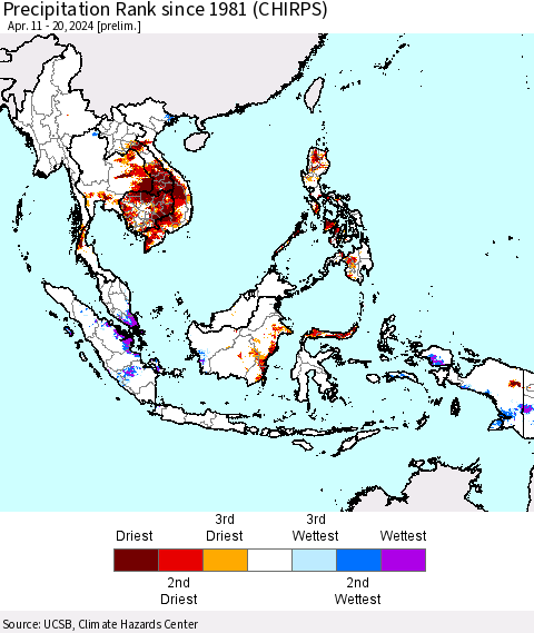 South East Asia Precipitation Rank since 1981 (CHIRPS) Thematic Map For 4/11/2024 - 4/20/2024