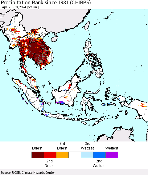 South East Asia Precipitation Rank since 1981 (CHIRPS) Thematic Map For 4/21/2024 - 4/30/2024