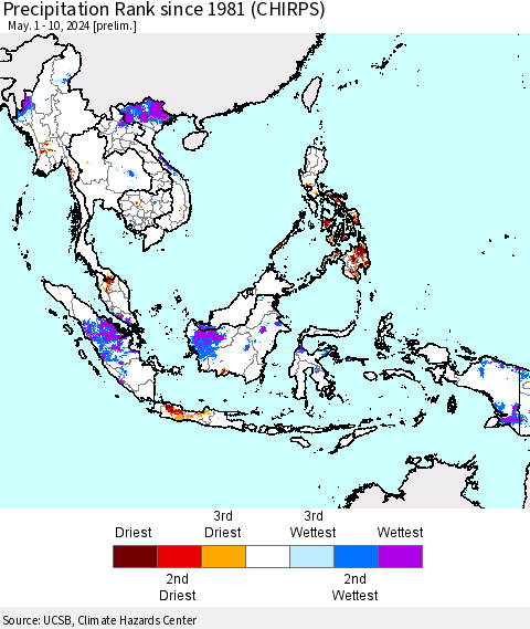 South East Asia Precipitation Rank since 1981 (CHIRPS) Thematic Map For 5/1/2024 - 5/10/2024