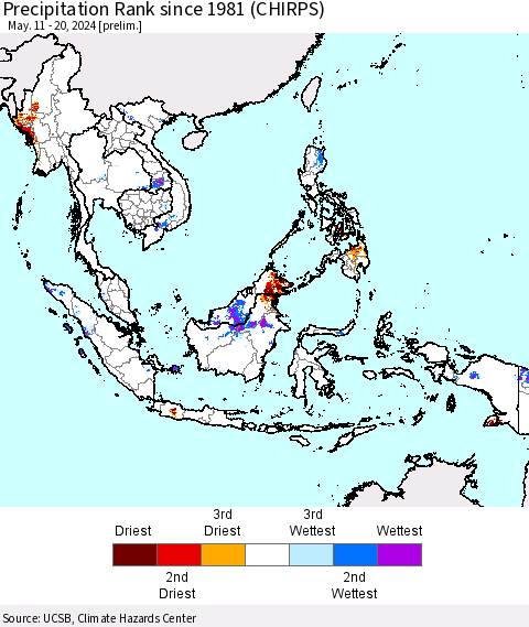 South East Asia Precipitation Rank since 1981 (CHIRPS) Thematic Map For 5/11/2024 - 5/20/2024