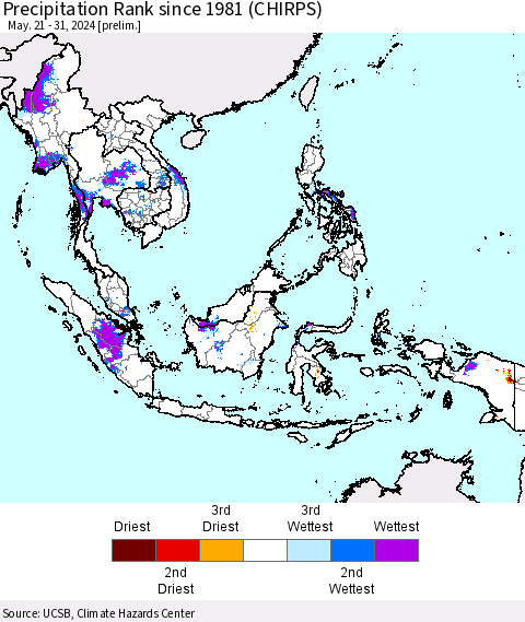 South East Asia Precipitation Rank since 1981 (CHIRPS) Thematic Map For 5/21/2024 - 5/31/2024
