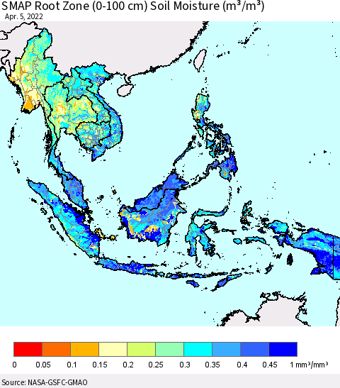 South East Asia SMAP Root Zone (0-100 cm) Soil Moisture (m³/m³) Thematic Map For 4/1/2022 - 4/5/2022