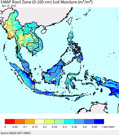 South East Asia SMAP Root Zone (0-100 cm) Soil Moisture (m³/m³) Thematic Map For 4/6/2022 - 4/10/2022
