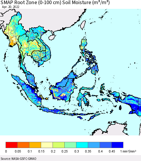 South East Asia SMAP Root Zone (0-100 cm) Soil Moisture (m³/m³) Thematic Map For 4/16/2022 - 4/20/2022