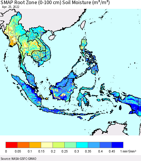 South East Asia SMAP Root Zone (0-100 cm) Soil Moisture (m³/m³) Thematic Map For 4/21/2022 - 4/25/2022