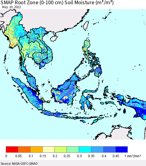South East Asia SMAP Root Zone (0-100 cm) Soil Moisture (m³/m³) Thematic Map For 5/6/2022 - 5/10/2022