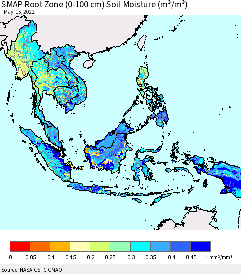 South East Asia SMAP Root Zone (0-100 cm) Soil Moisture (m³/m³) Thematic Map For 5/11/2022 - 5/15/2022