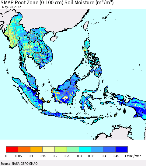 South East Asia SMAP Root Zone (0-100 cm) Soil Moisture (m³/m³) Thematic Map For 5/16/2022 - 5/20/2022