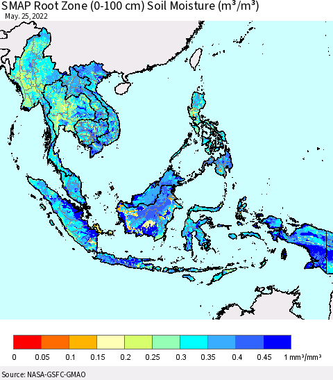 South East Asia SMAP Root Zone (0-100 cm) Soil Moisture (m³/m³) Thematic Map For 5/21/2022 - 5/25/2022