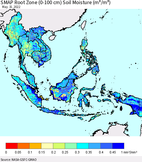 South East Asia SMAP Root Zone (0-100 cm) Soil Moisture (m³/m³) Thematic Map For 5/26/2022 - 5/31/2022