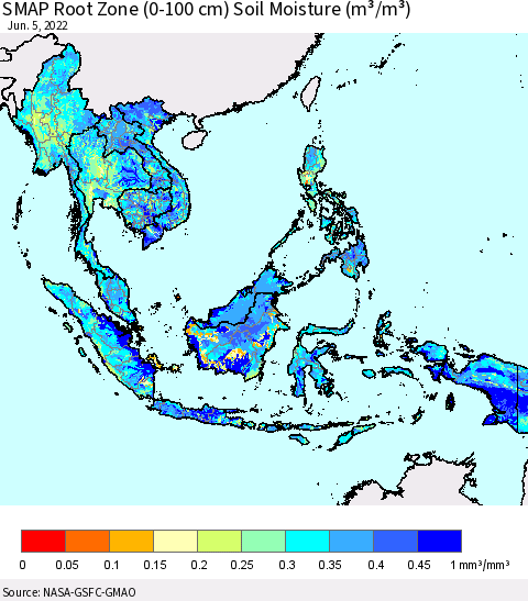 South East Asia SMAP Root Zone (0-100 cm) Soil Moisture (m³/m³) Thematic Map For 6/1/2022 - 6/5/2022