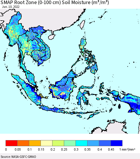South East Asia SMAP Root Zone (0-100 cm) Soil Moisture (m³/m³) Thematic Map For 6/6/2022 - 6/10/2022