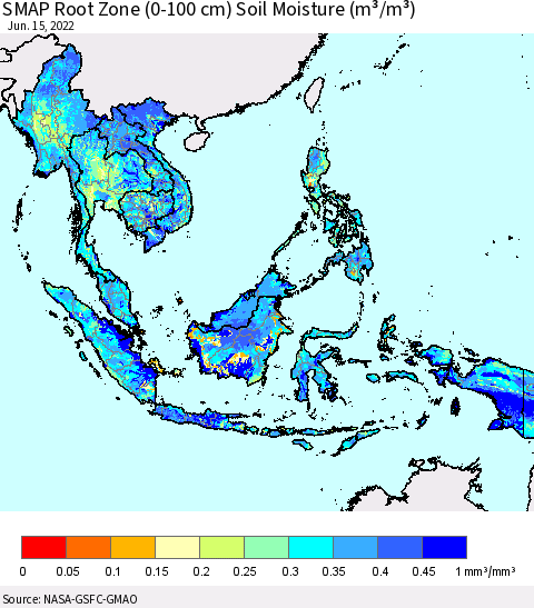 South East Asia SMAP Root Zone (0-100 cm) Soil Moisture (m³/m³) Thematic Map For 6/11/2022 - 6/15/2022